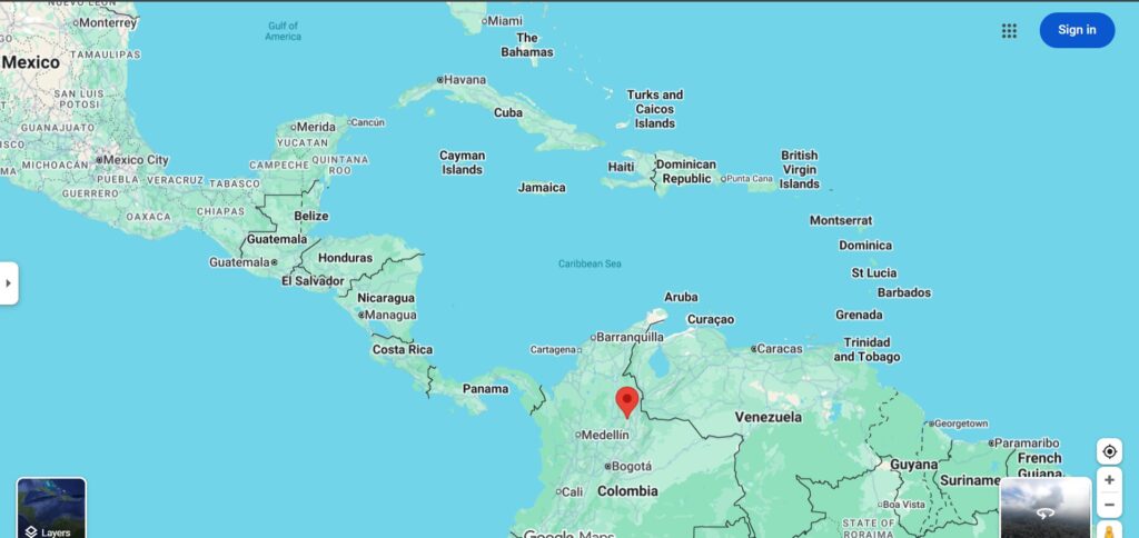 Google map showing Bucaramanga, Colombia in relation to Venezuela, with Central America visible for regional context.