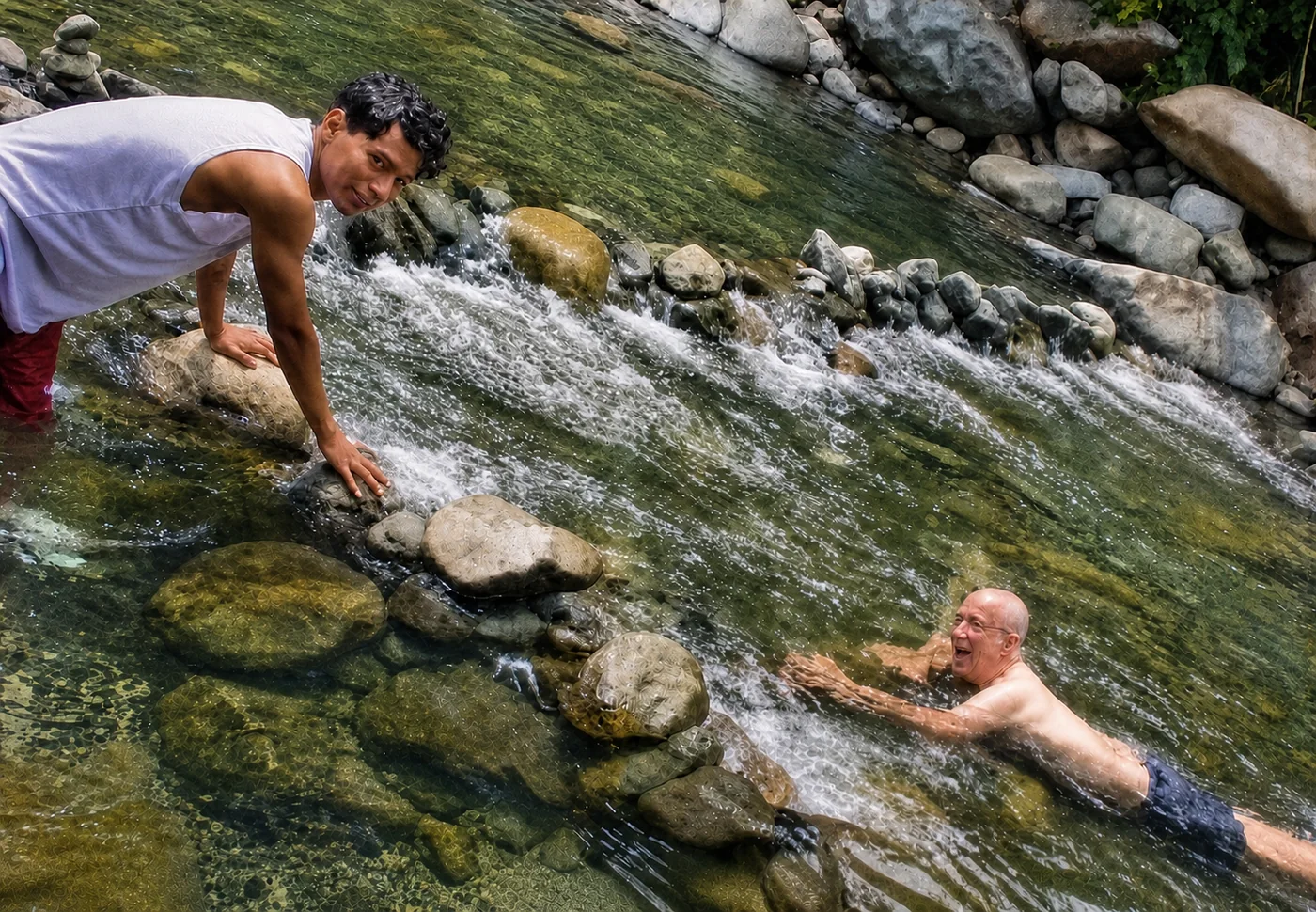 Jon floats in Rio Pance, under Brandon´s watchful gaze